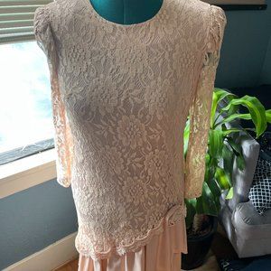 Vintage 80s Dusty Rose David Rose Brand Lace Overlay Dress with Flower M-L